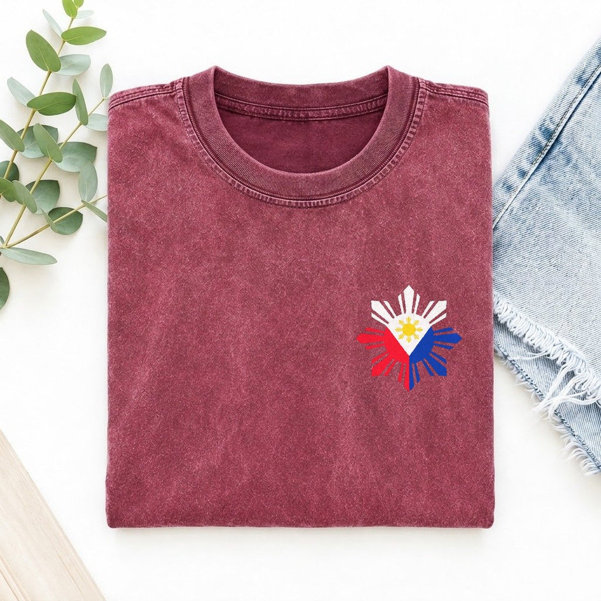 Philippines Sun and Stars Left Chest Vintage T-shirt – Raspberry