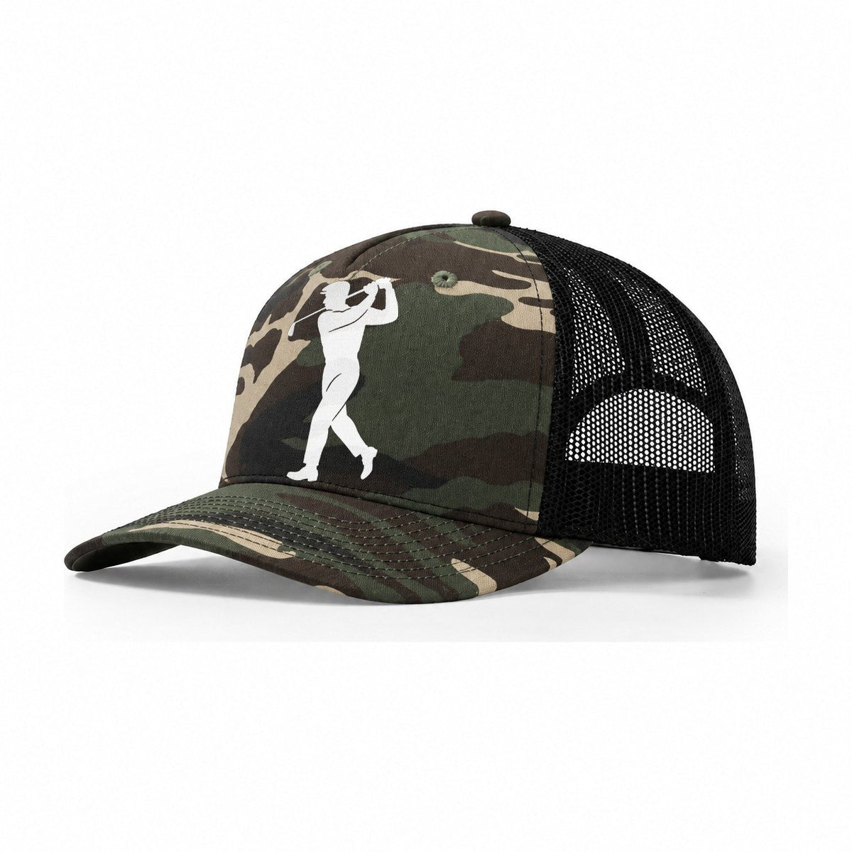 Golfer Perfect Swing Follow Through Trucker Hat – Woodland Camo Black