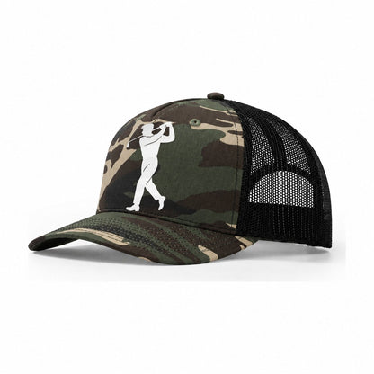 Golfer Perfect Swing Follow Through Trucker Hat – Woodland Camo Black