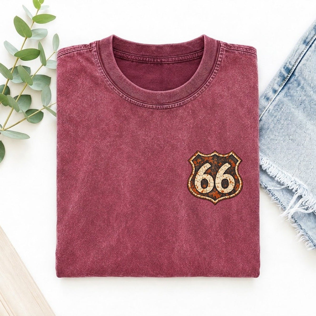 Route 66 Left Chest Vintage T-shirt – Raspberry