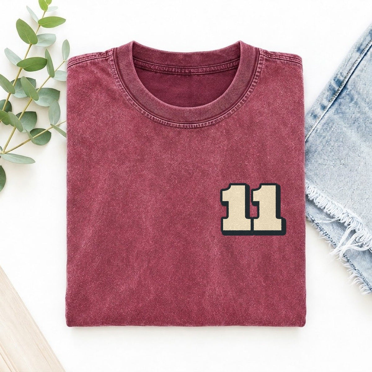 Number 11 Left Chest Vintage T-shirt – Raspberry