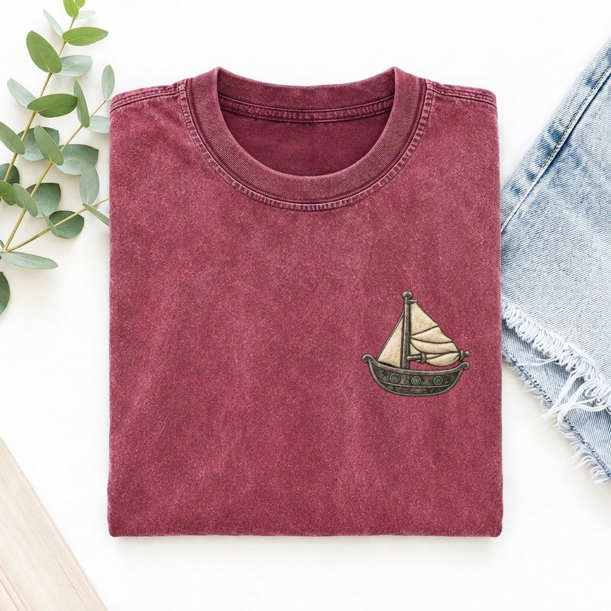 Sailboat Reefed Sail Keepsake Emblem Left Chest Vintage T-shirt – Raspberry