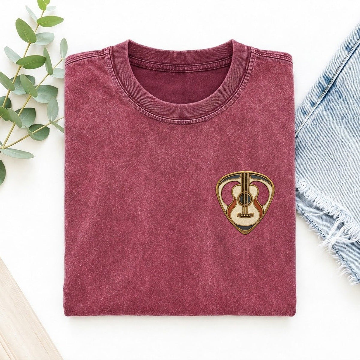 Guitar Pick And Strings Keepsake Emblem Left Chest Vintage T-shirt – Raspberry