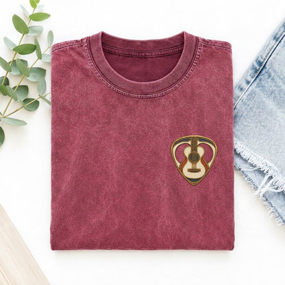 Guitar Pick And Strings Keepsake Emblem Left Chest Vintage T-shirt – Raspberry