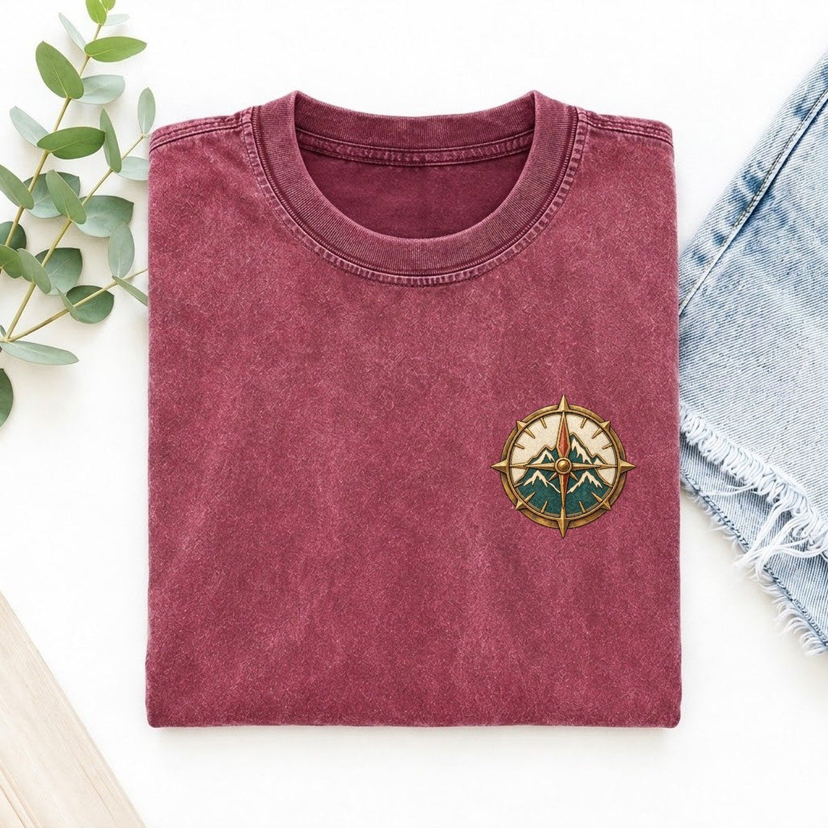 Mountain Compass Fold Keepsake Emblem Left Chest Vintage T-shirt – Raspberry
