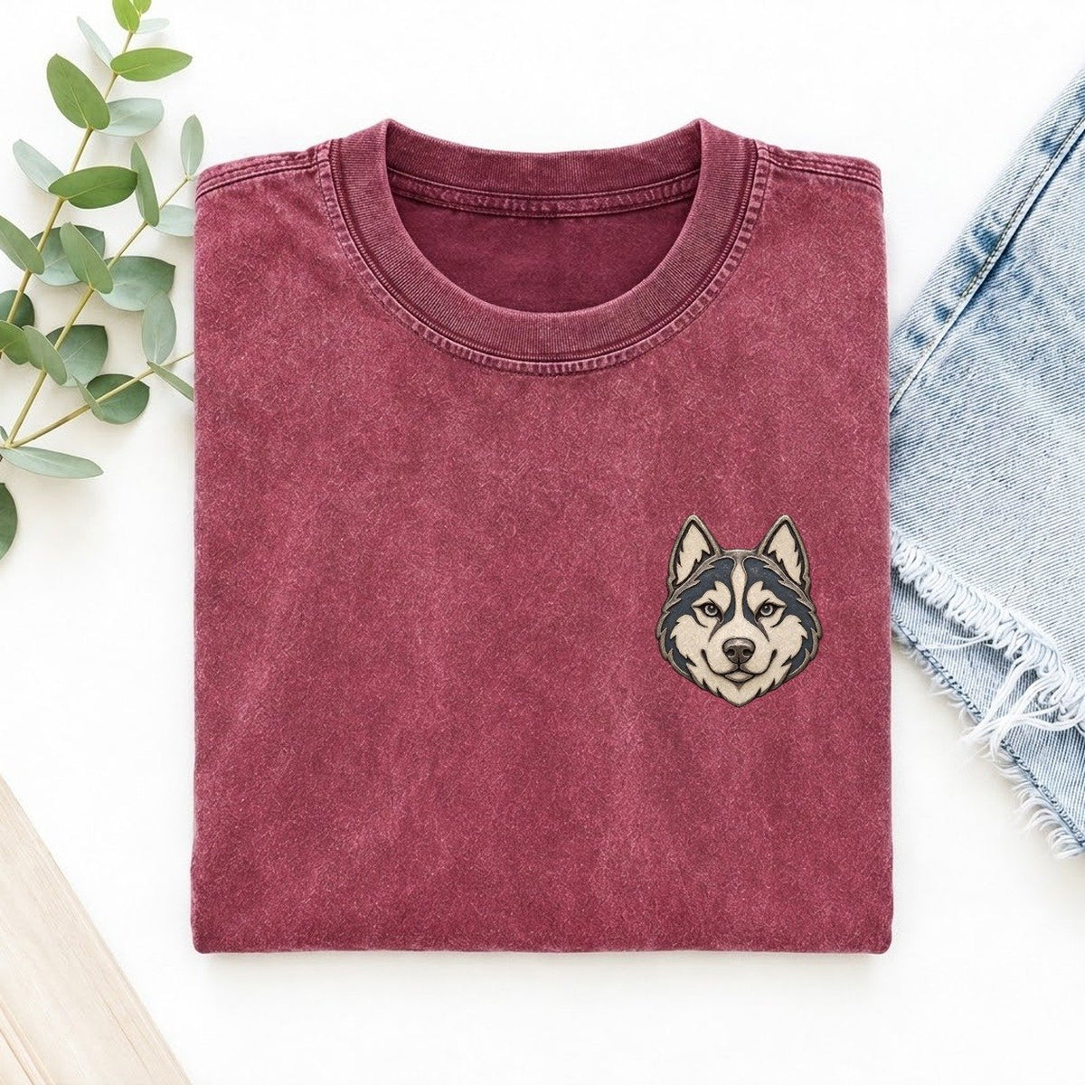 Husky Forward Ears Keepsake Emblem Left Chest Vintage T-shirt – Raspberry