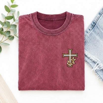 Olive Cross Symbol Emblems Left Chest Vintage T-shirt – Raspberry