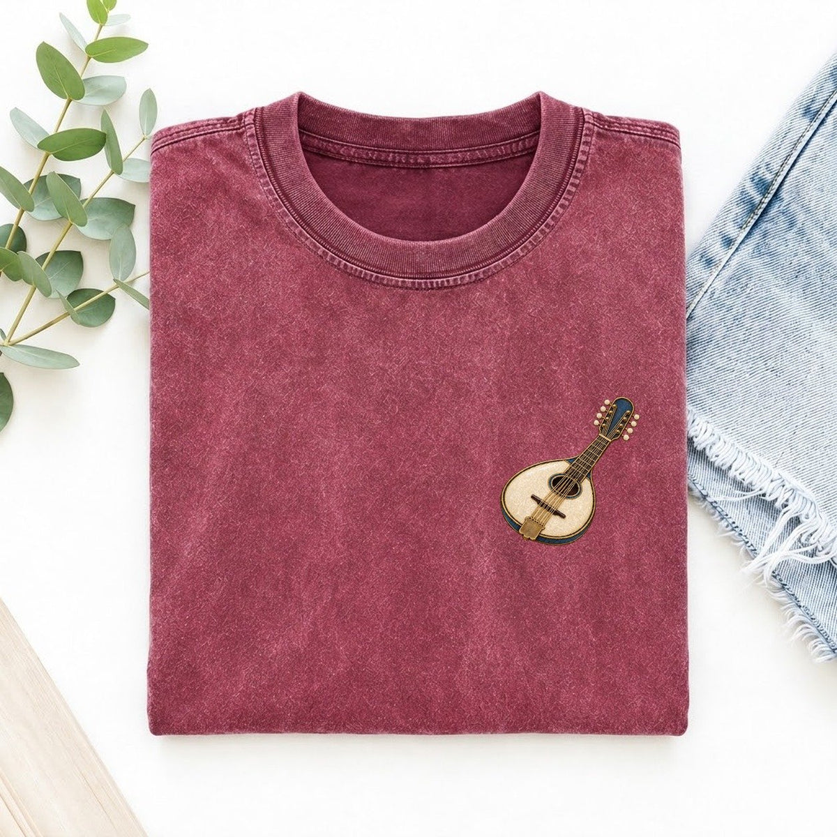 Mandolin Pear Body Keepsake Emblem Left Chest Vintage T-shirt – Raspberry
