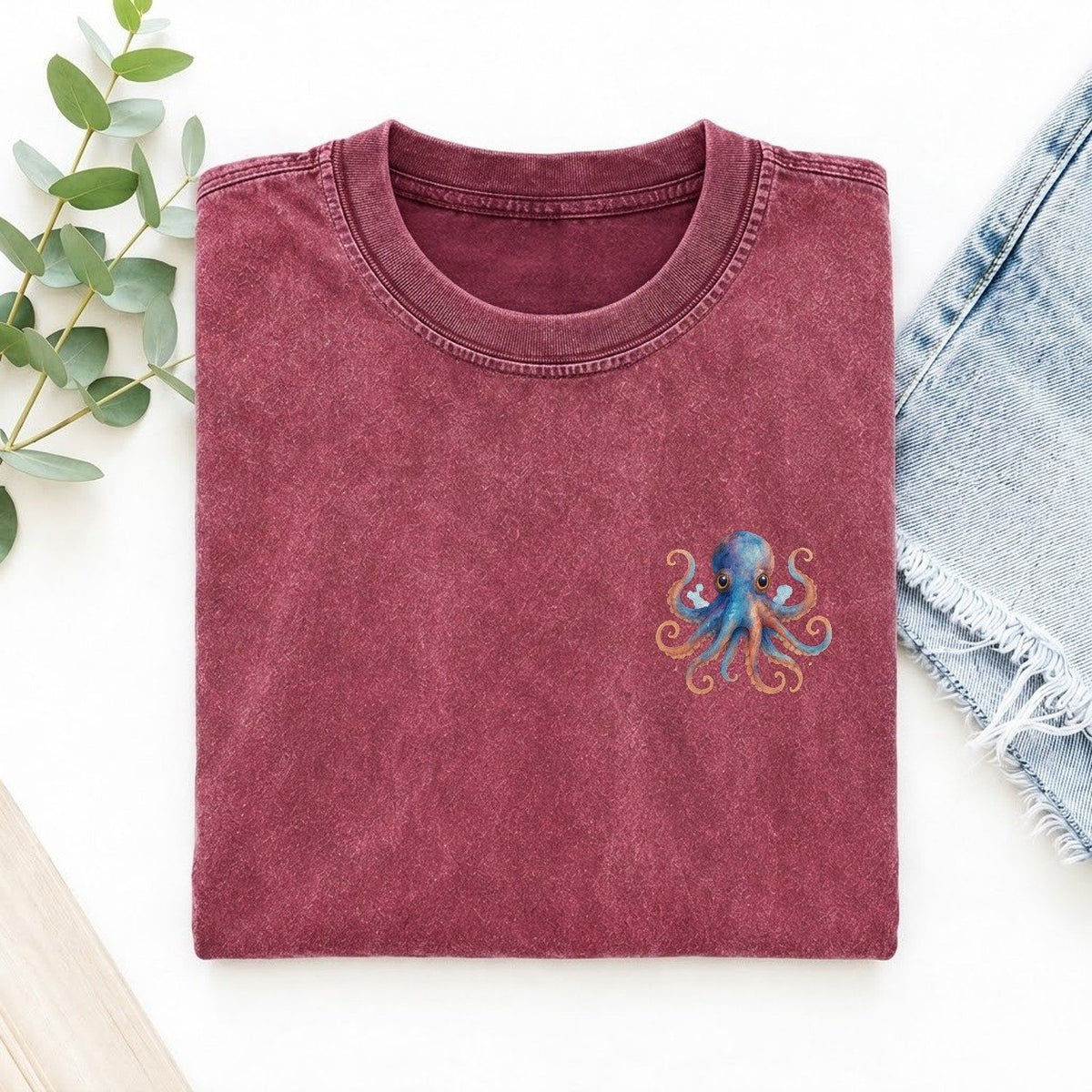 Cute Octopus Left Chest Vintage T-shirt – Raspberry