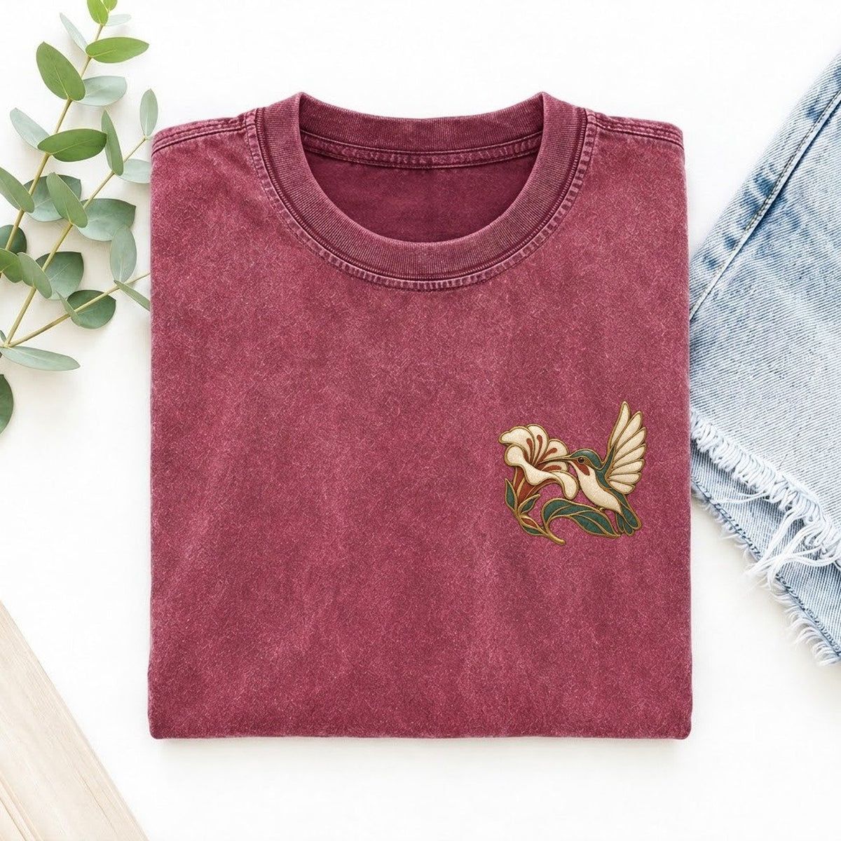 Hummingbird Trumpet Keepsake Emblem Left Chest Vintage T-shirt – Raspberry