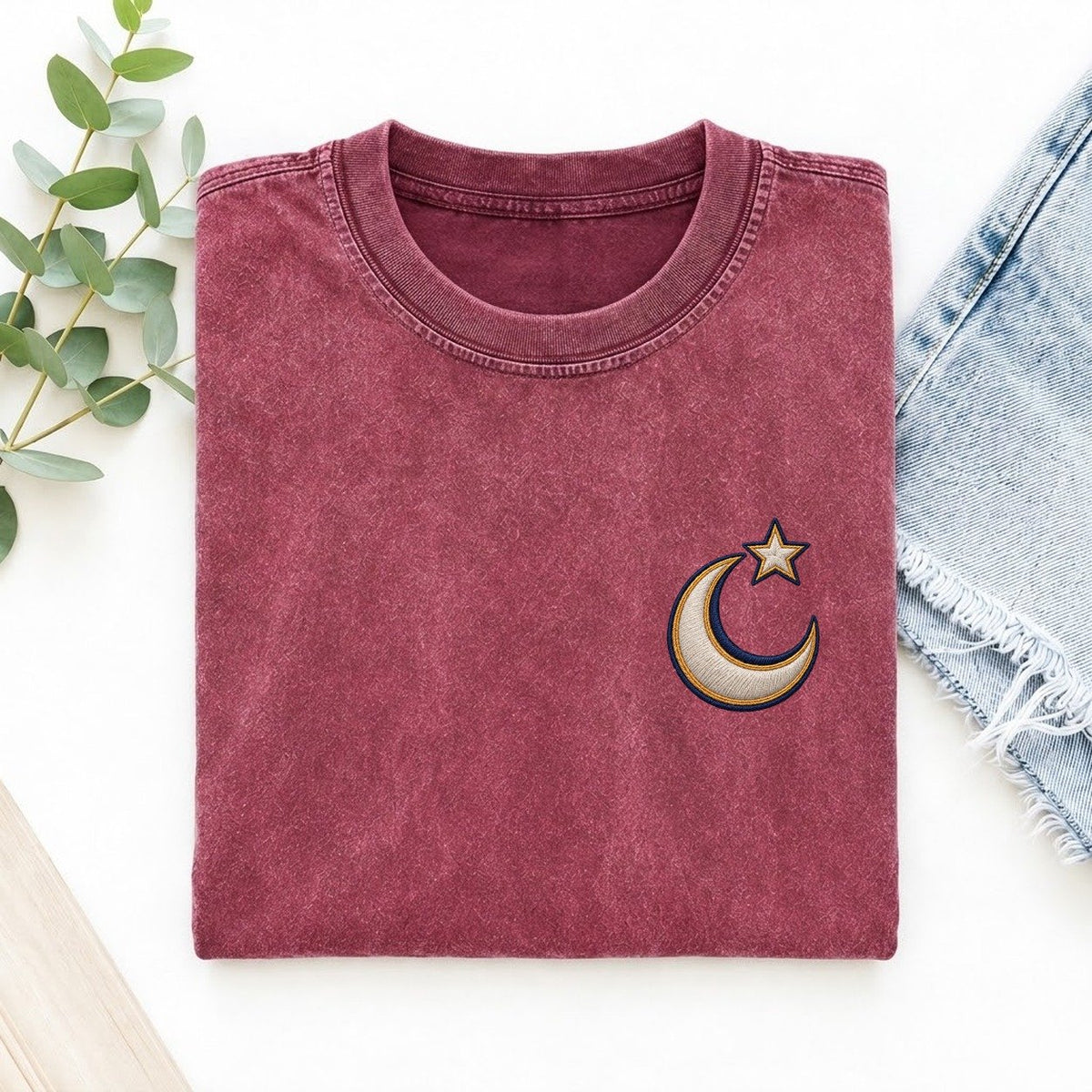 Crescent Star Symbol Emblems Left Chest Vintage T-shirt – Raspberry