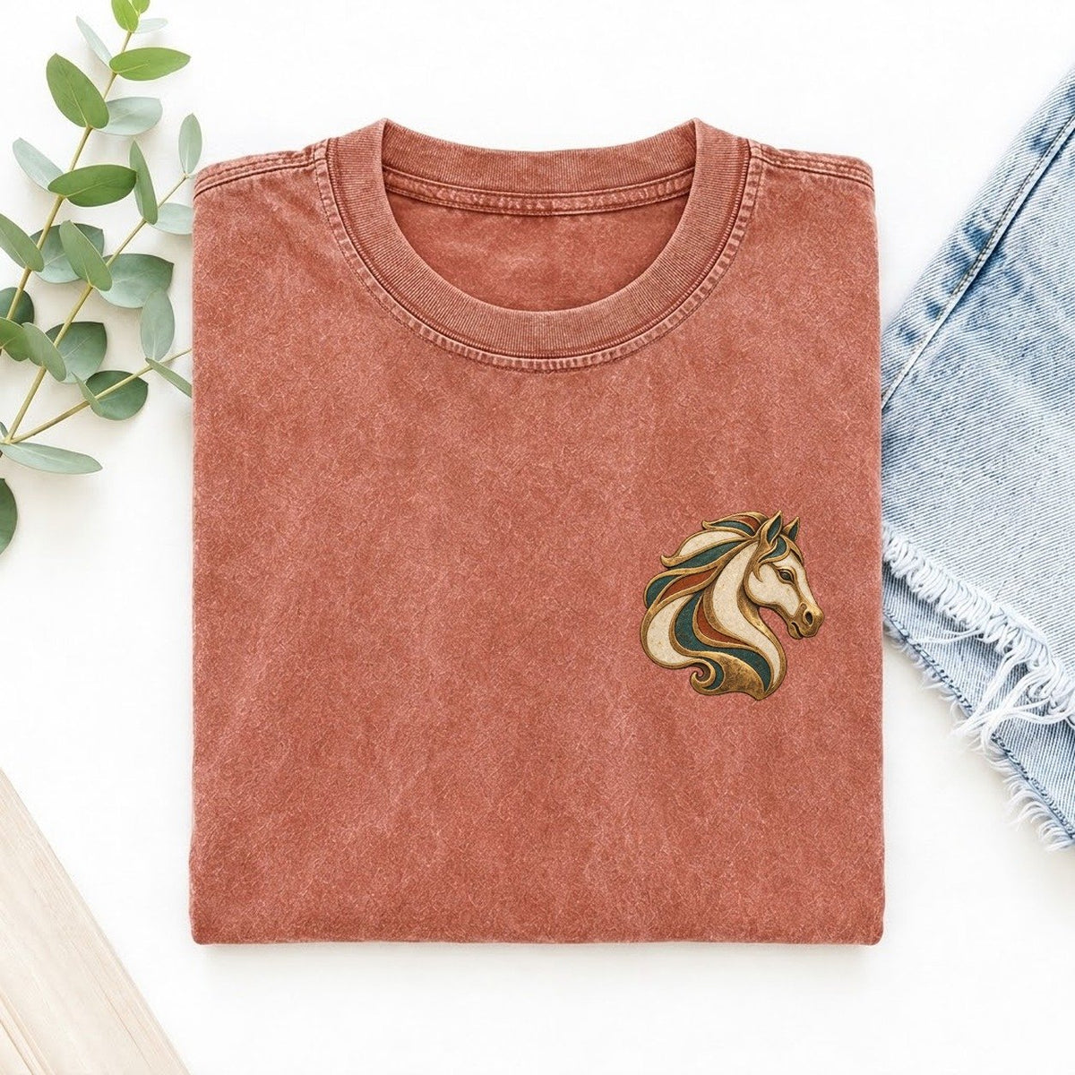 Horse Mane Sweep Keepsake Emblem Left Chest Vintage T-shirt – Terracotta