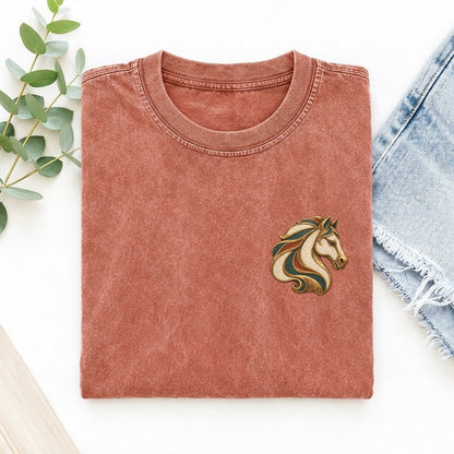 Horse Mane Sweep Keepsake Emblem Left Chest Vintage T-shirt – Terracotta
