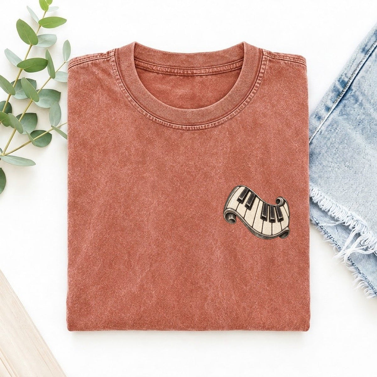 Piano Key Fold Keepsake Emblem Left Chest Vintage T-shirt – Terracotta