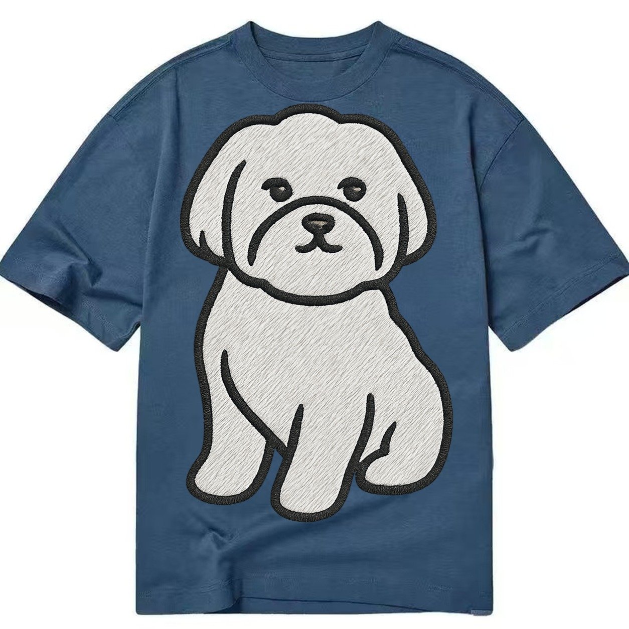 Maltese Pure White Fluffy Embroidered Design Classic T-shirt – Twilight Navy