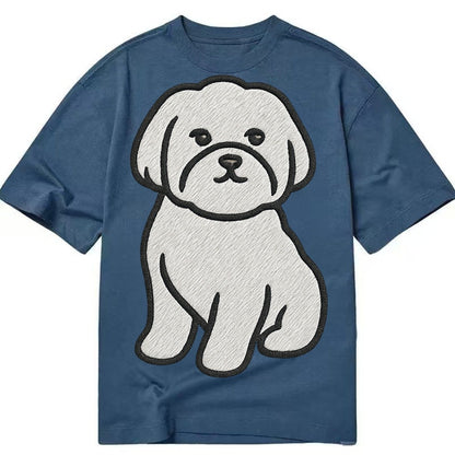Maltese Pure White Fluffy Embroidered Design Classic T-shirt – Twilight Navy
