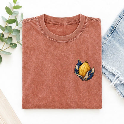 Etrog Leaf Cradle Left Chest Vintage T-shirt – Terracotta