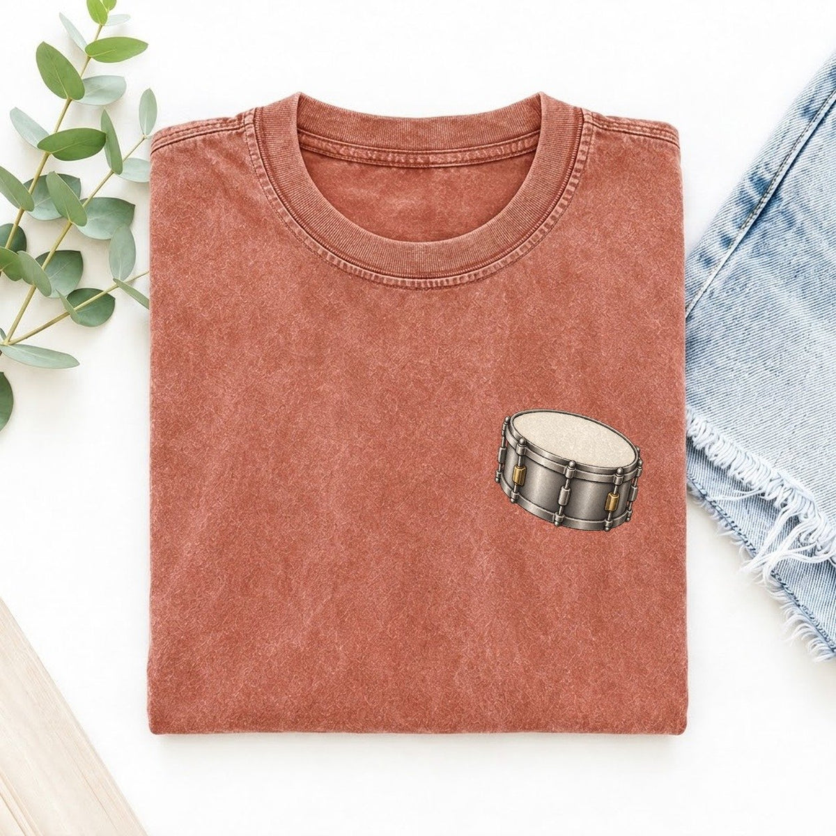 Snare Drum Tension Keepsake Emblem Left Chest Vintage T-shirt – Terracotta