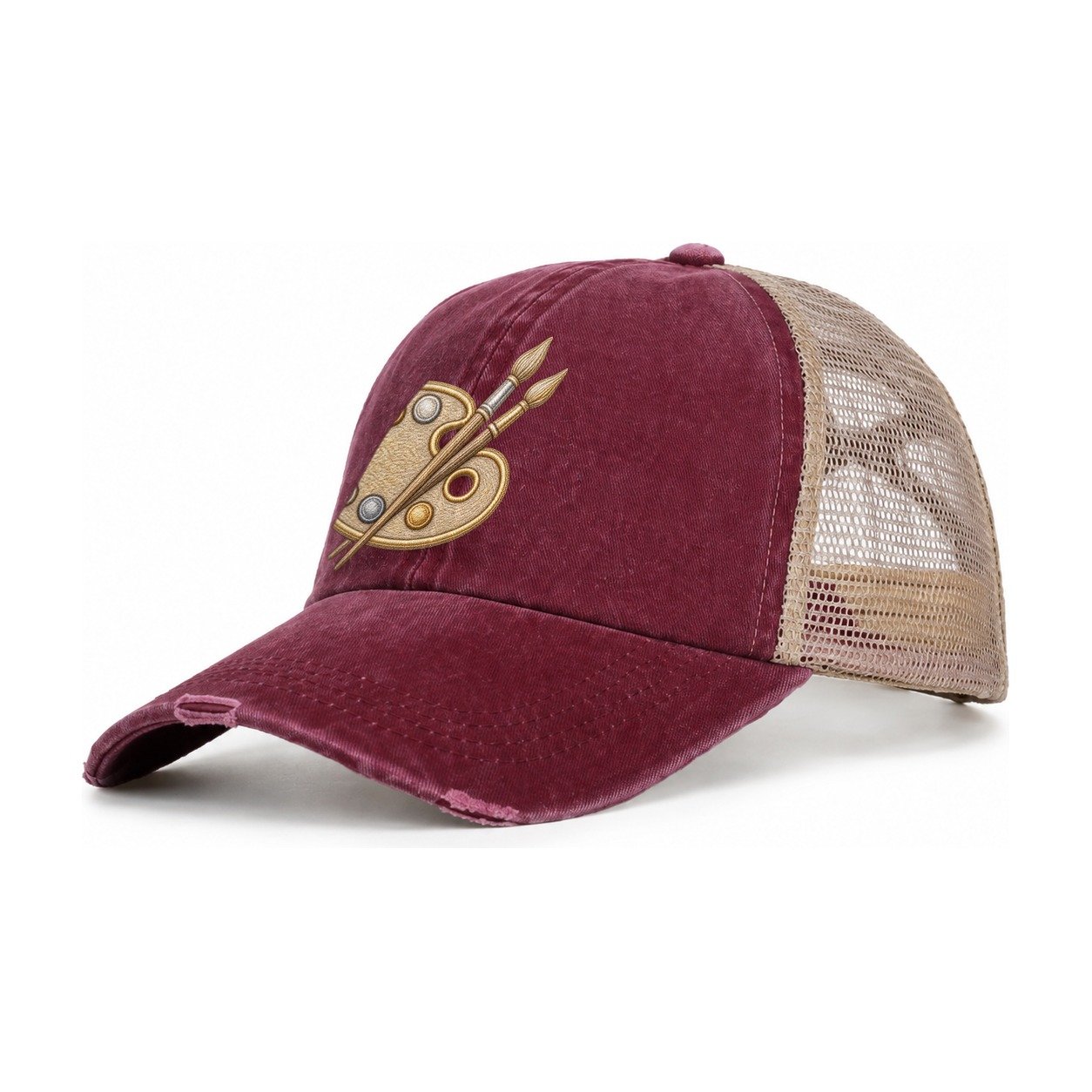 Artist Palette Women's Ponytail Trucker Hat – Burgundy Khaki
