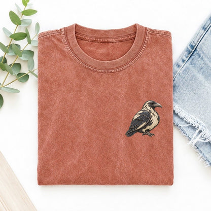 Raven Folded Pinion Keepsake Emblem Left Chest Vintage T-shirt – Terracotta