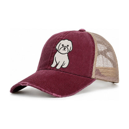 Maltese Pure White Fluffy Embroidered Design Women's Ponytail Trucker Hat – Burgundy Khaki