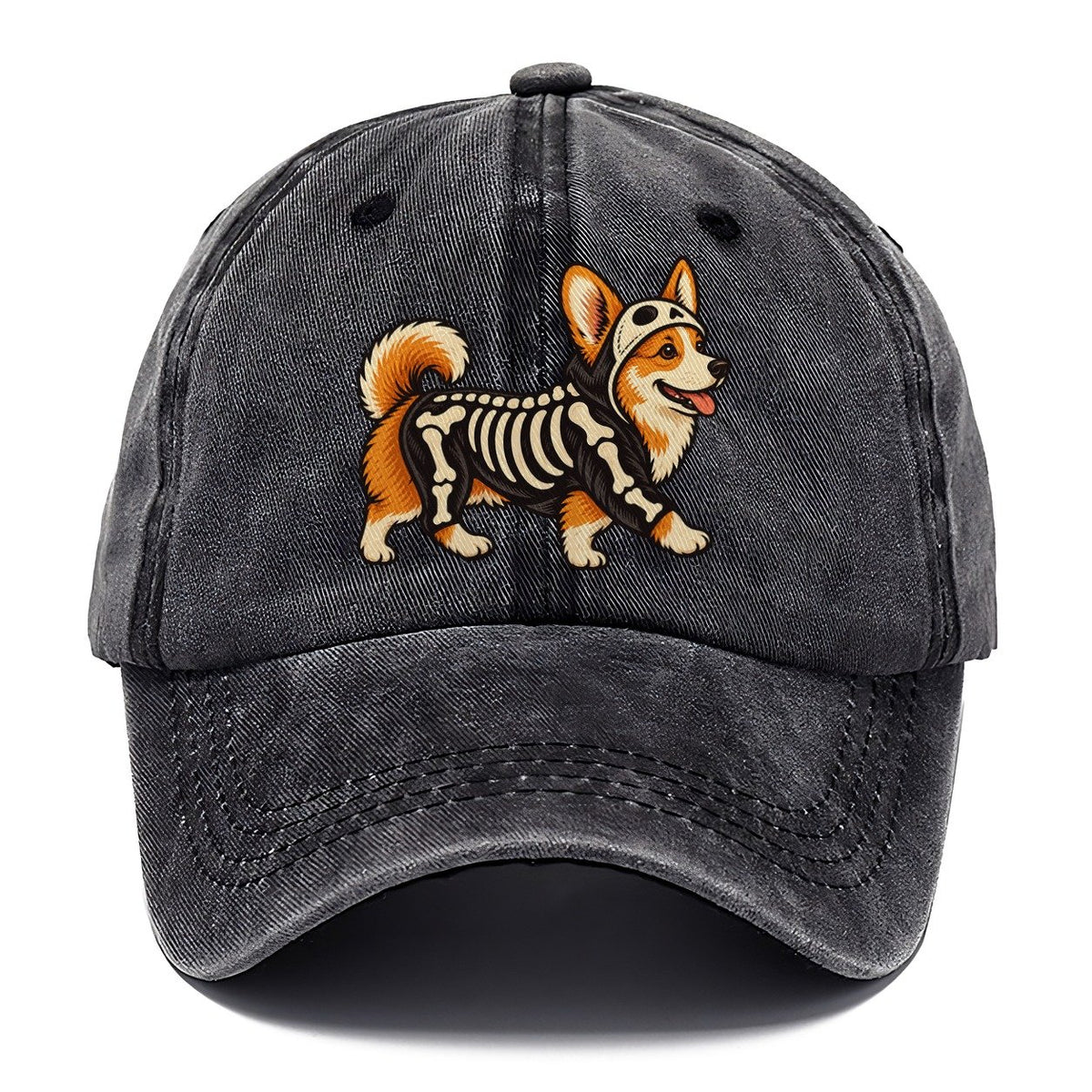 One Corgi In Halloween Costume Skeleton With Painted On Bones Halloween Dog Parade Classic Cap – Graphite