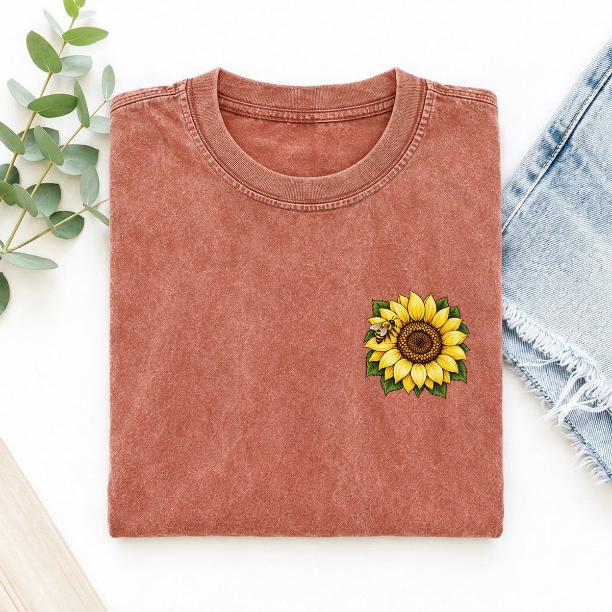 Vintage Sunflower Left Chest Vintage T-shirt – Terracotta
