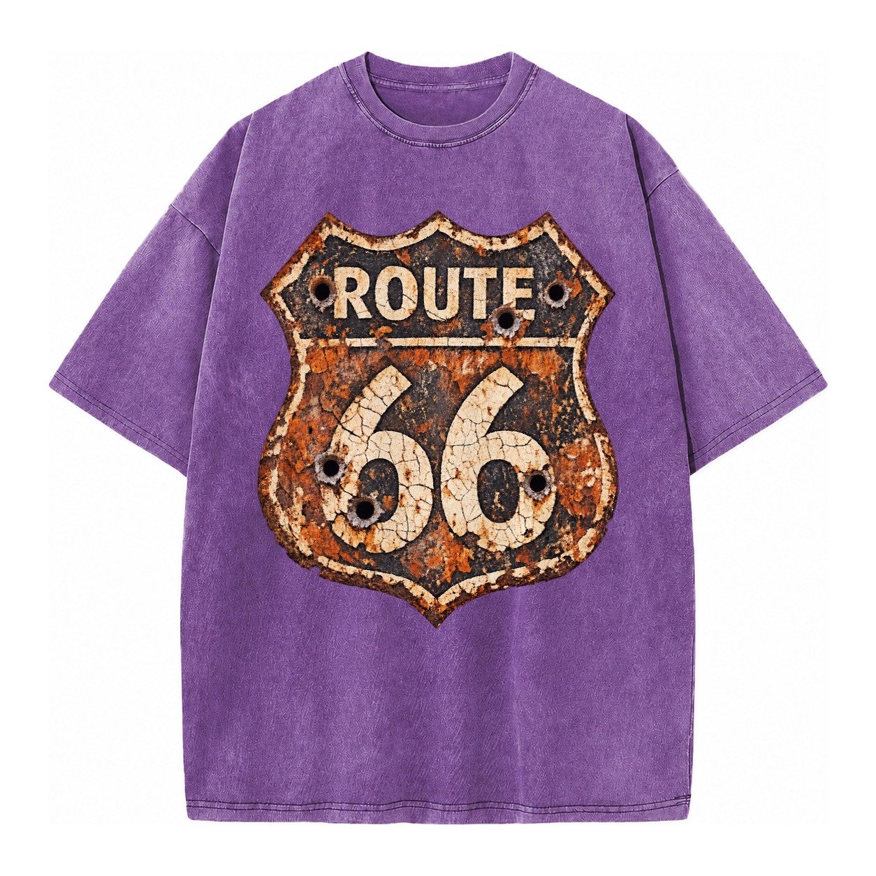 Weathered Marker Rust Aged Route 66 Sign Desert Sun Bleached Vintage T-shirt – Purple
