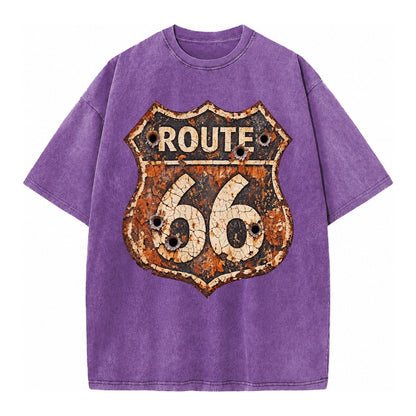 Weathered Marker Rust Aged Route 66 Sign Desert Sun Bleached Vintage T-shirt – Purple