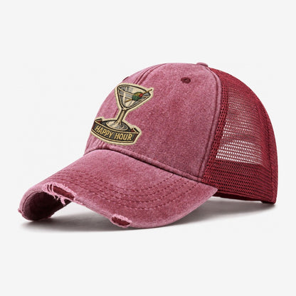 Embroidered Patch Design Cocktail Martini Martini Glass With Washed Trucker Hat – Wine Red