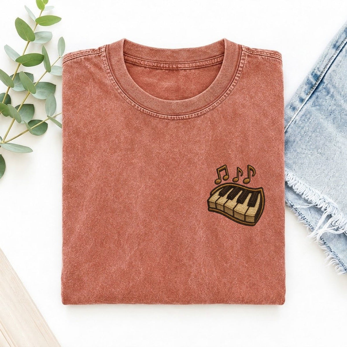 Piano Keys and Notes Left Chest Vintage T-shirt – Terracotta