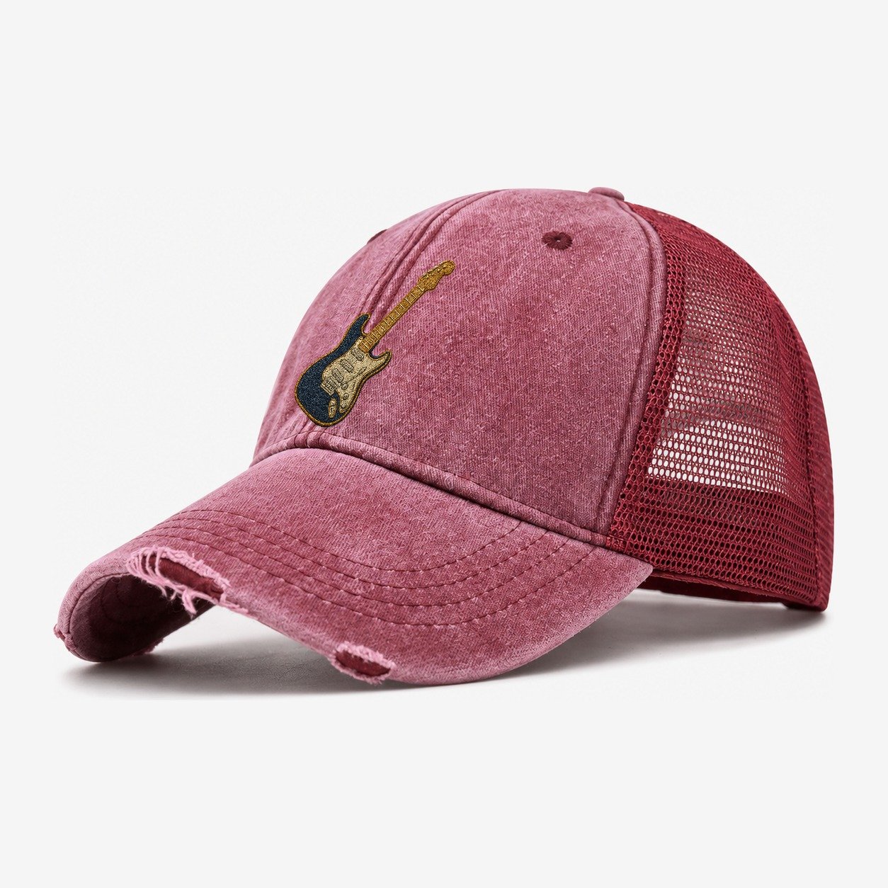 Electric Guitar Washed Trucker Hat – Wine Red