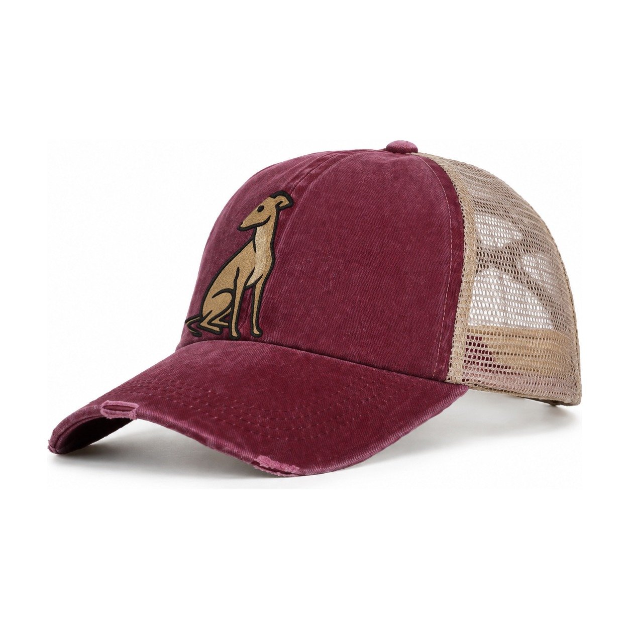 Whippet Fawn Colored Design Women's Ponytail Trucker Hat – Burgundy Khaki