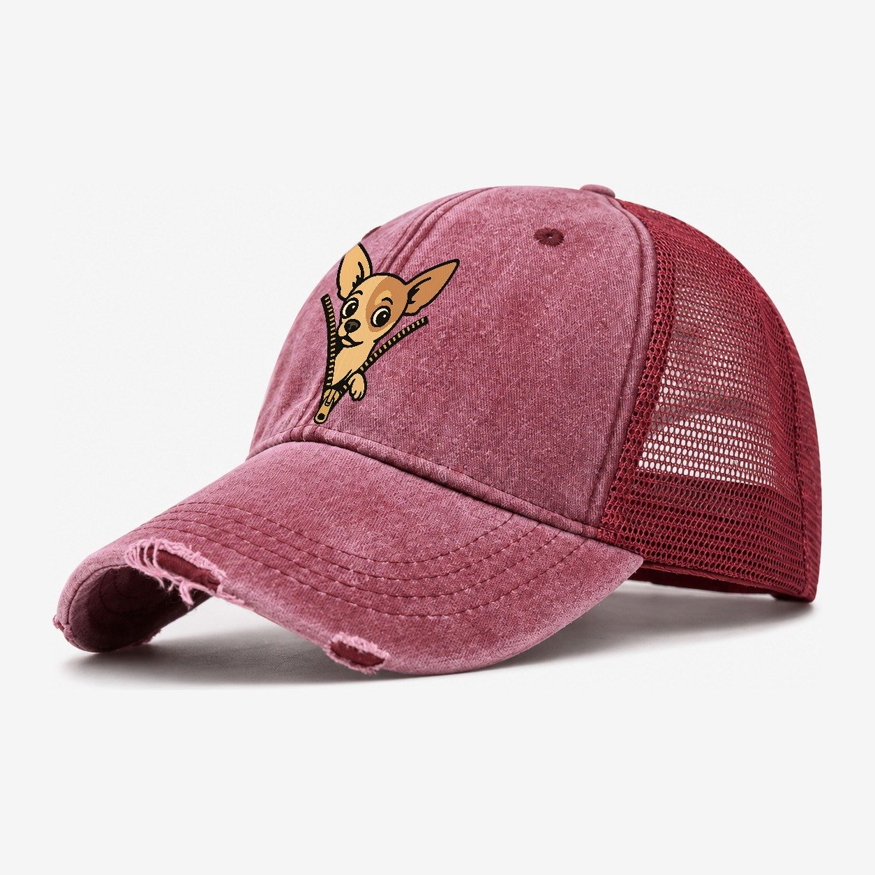 Chihuahua Apple Head Large Pointed Ears Big Round Eyes Tiny Washed Trucker Hat – Wine Red
