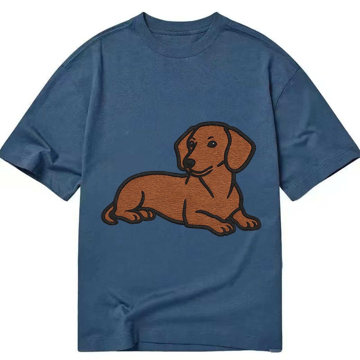 Dachshund Red Smooth Relaxed Lying Down With Head Up Embroid Classic T-shirt – Twilight Navy
