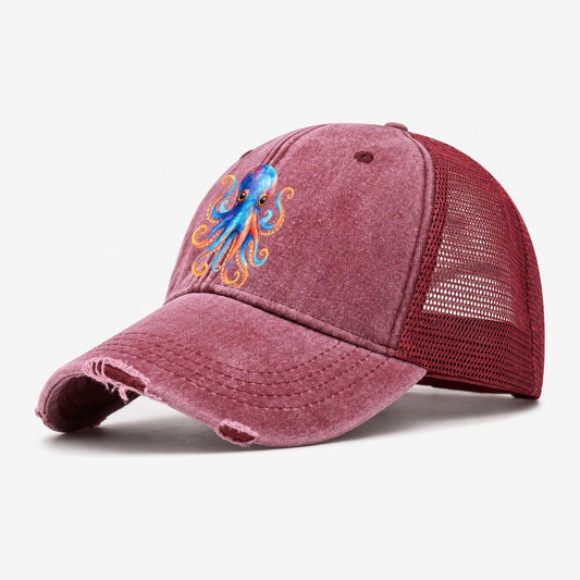 Octopus Cute Washed Trucker Hat – Wine Red