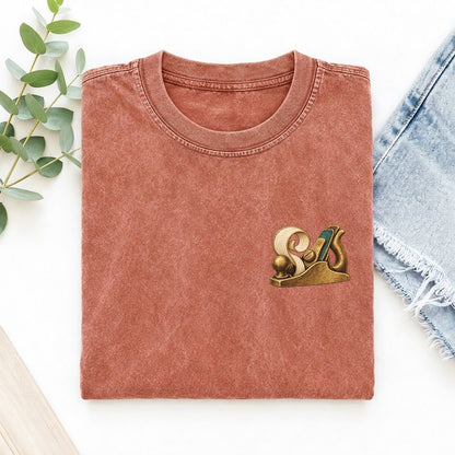 Wood Plane Shaving Keepsake Emblem Left Chest Vintage T-shirt – Terracotta