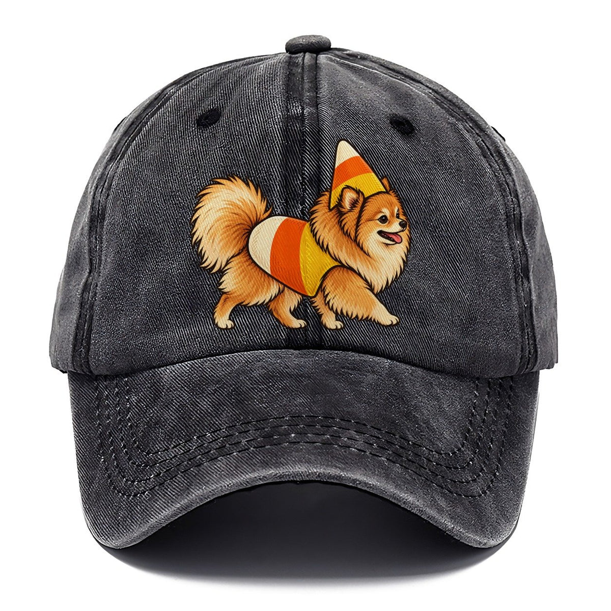 One Pomeranian In Halloween Costume Candy Corn Costume Tri Color Pointed Cone Halloween Dog Parade Classic Cap – Graphite