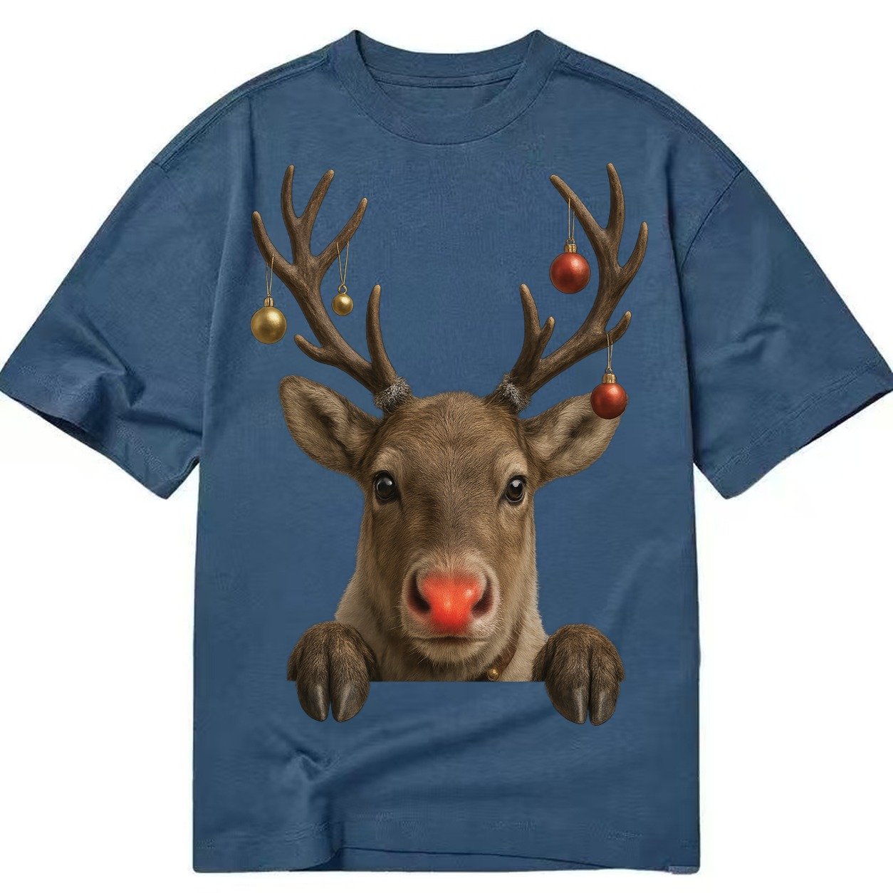 Christmas Reindeer Red Nose Glowing Antlers With Ornaments J Classic T-shirt – Twilight Navy