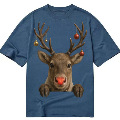 Christmas Reindeer Red Nose Glowing Antlers With Ornaments J Classic T-shirt – Twilight Navy