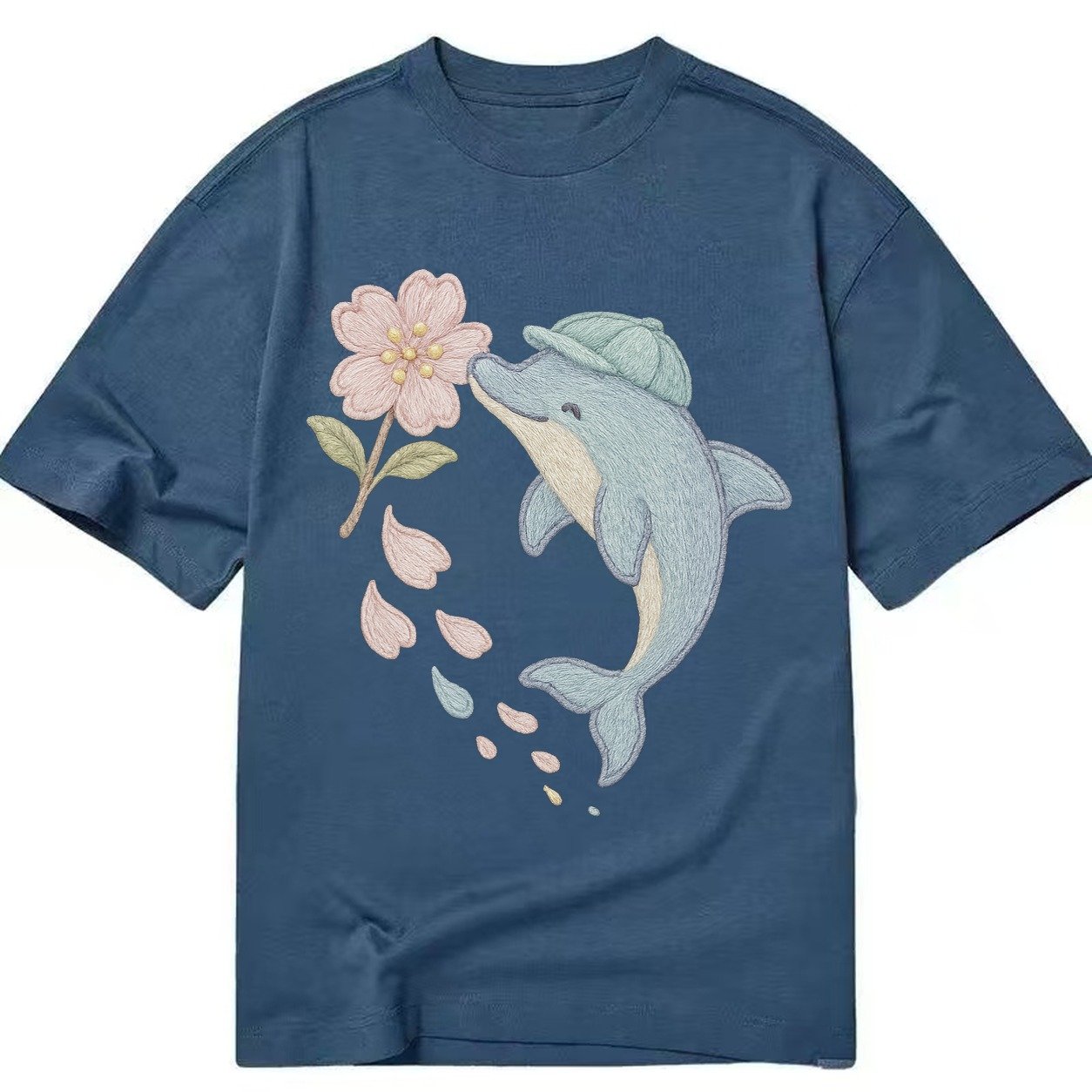 Dolphin Sakura Leap Leaping Through Blossoms Pale Aqua Cap C Classic T-shirt – Twilight Navy