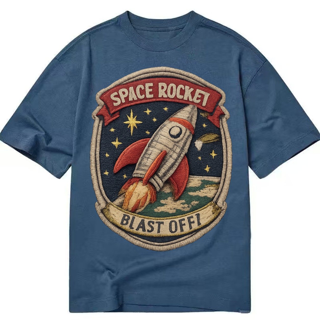 Embroidered Patch Design Retro Rocket 1950s Space Rocket In Classic T-shirt – Twilight Navy