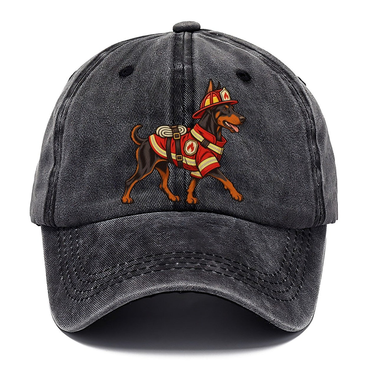 One Doberman Pinscher In Halloween Costume Firefighter Costume With A Small Helmet And Coat Halloween Dog Parade Classic Cap – Graphite