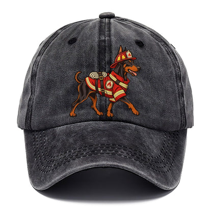 One Doberman Pinscher In Halloween Costume Firefighter Costume With A Small Helmet And Coat Halloween Dog Parade Classic Cap – Graphite