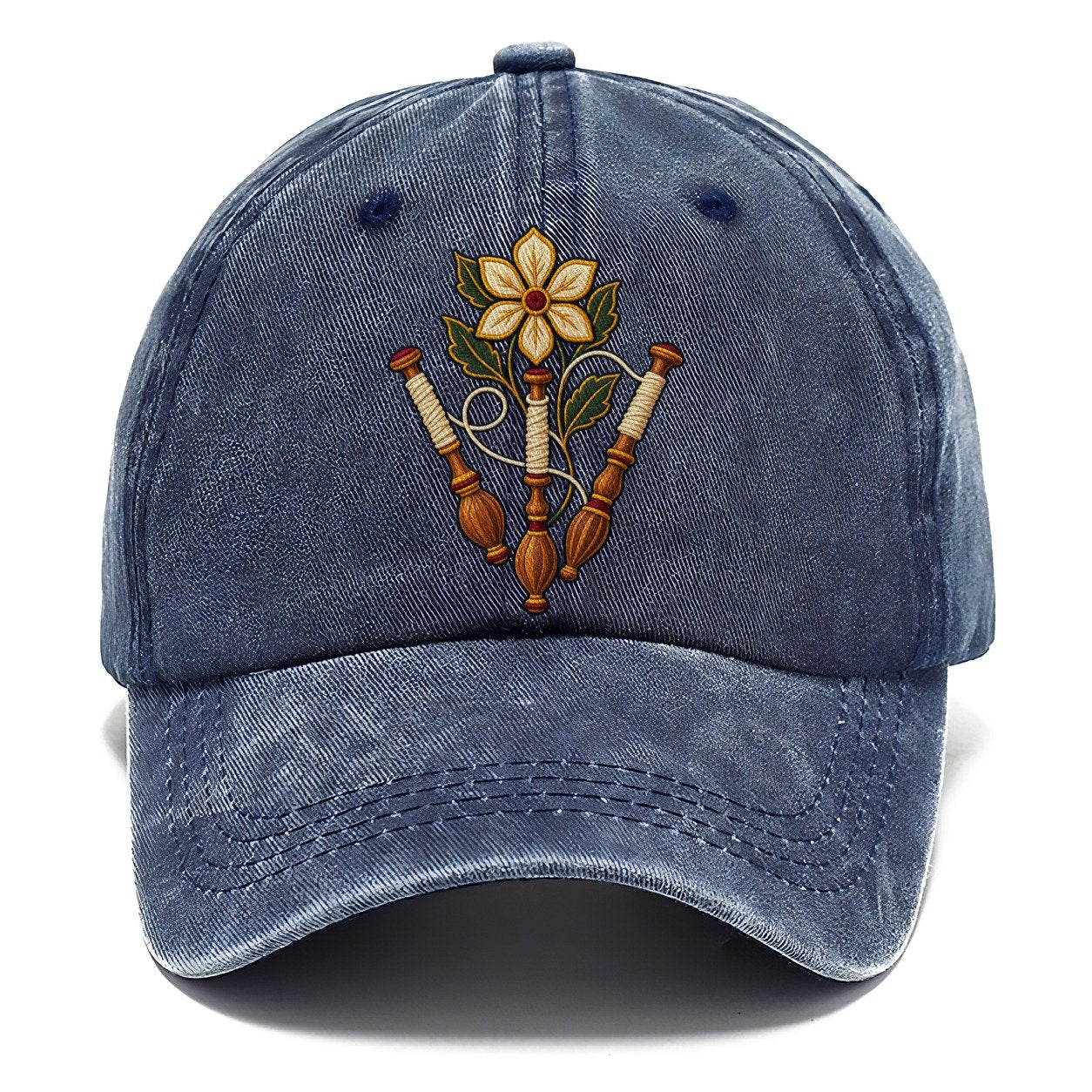 Three Lace Bobbins And Six Petal Linen Bloom Uk Culture Heritage Classic Cap – Twilight Navy