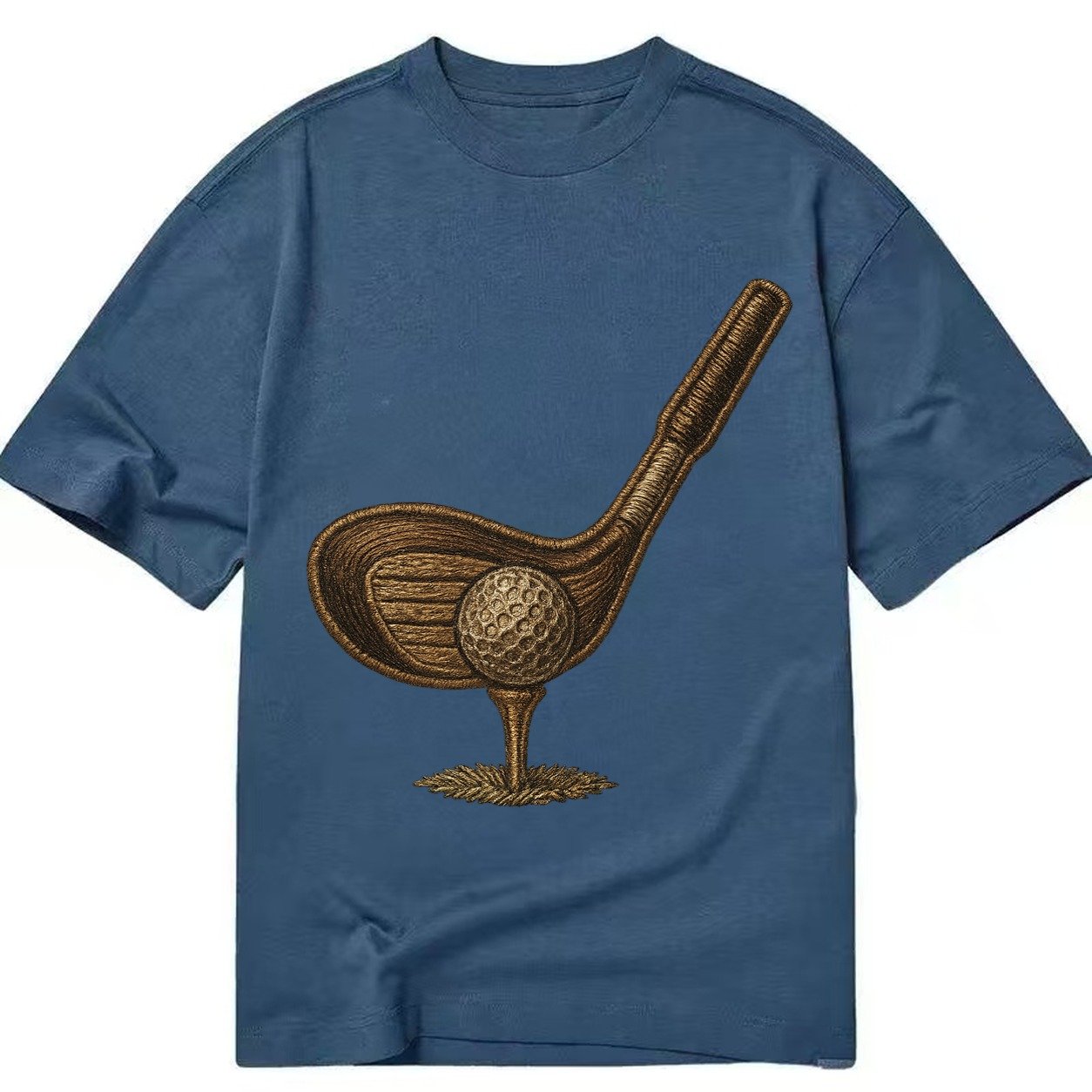 Golf Club And Ball Vintage Wood Driver With Dimpled Ball On Classic T-shirt – Twilight Navy