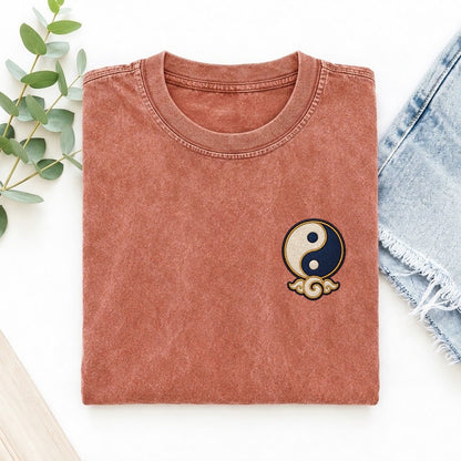 Yin Yang Cloud Symbol Emblems Left Chest Vintage T-shirt – Terracotta
