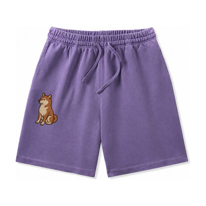 Shiba Inu Red Sesame Embroidered Sitting Pose Washed Shorts – Purple