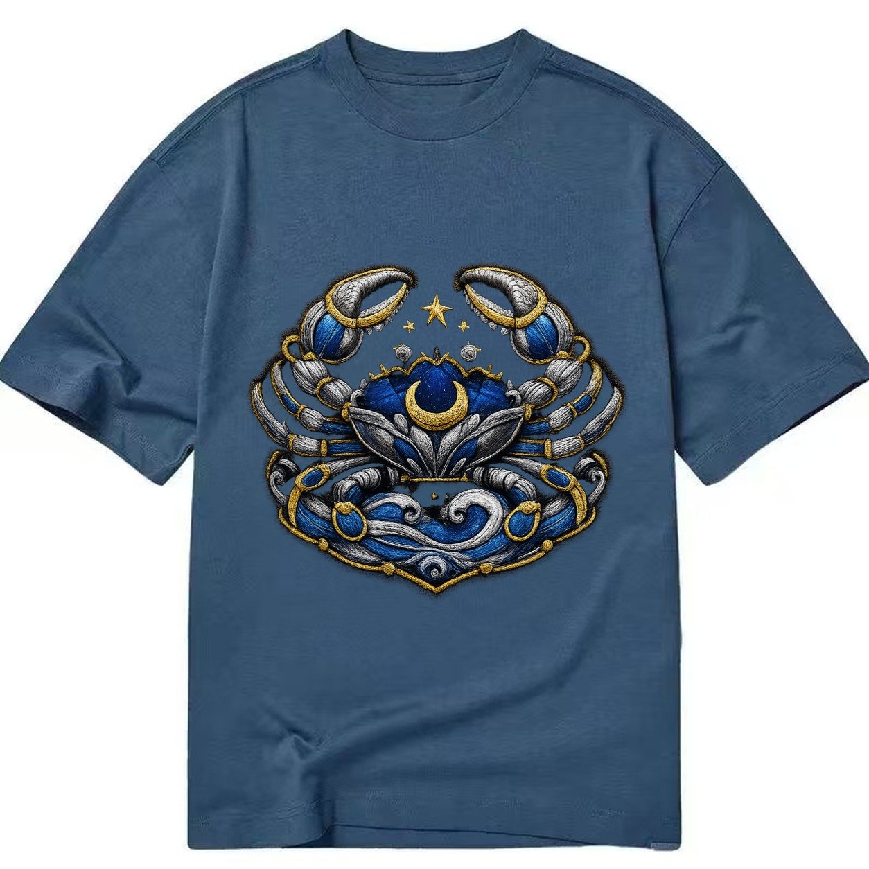 Embroidered Patch Design Cancer Crab Protective Crab In Silv Classic T-shirt – Twilight Navy