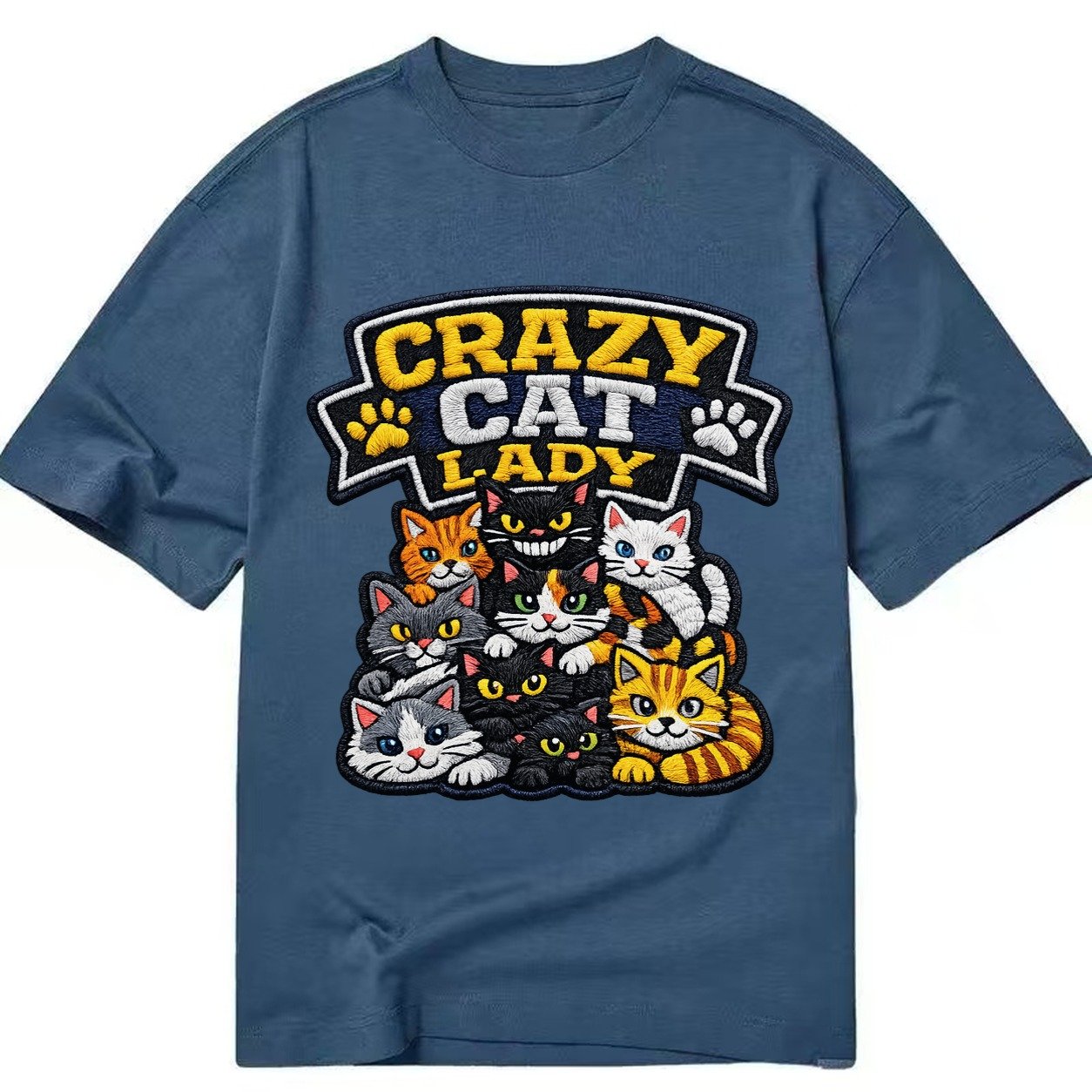 Embroidered Patch Design Crazy Cat Lady Cat Pile In Multicol Classic T-shirt – Twilight Navy